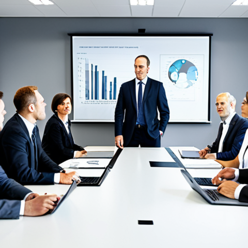 **
"Professional actuary guiding a team meeting in a modern European office, discussing market expansion strategies, fully clothed, appropriate attire, safe for work, perfect anatomy, natural proportions, business setting, professional environment."
**