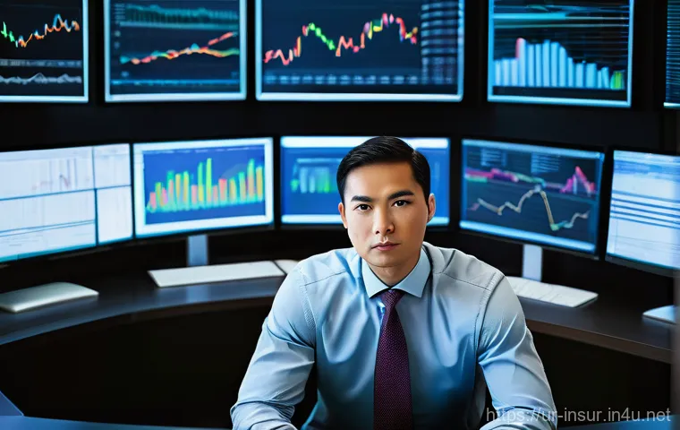 보험계리사와 자본 적정성 평가 - **Prompt:** A professional actuary, in smart business attire, intensely focused on multiple computer...