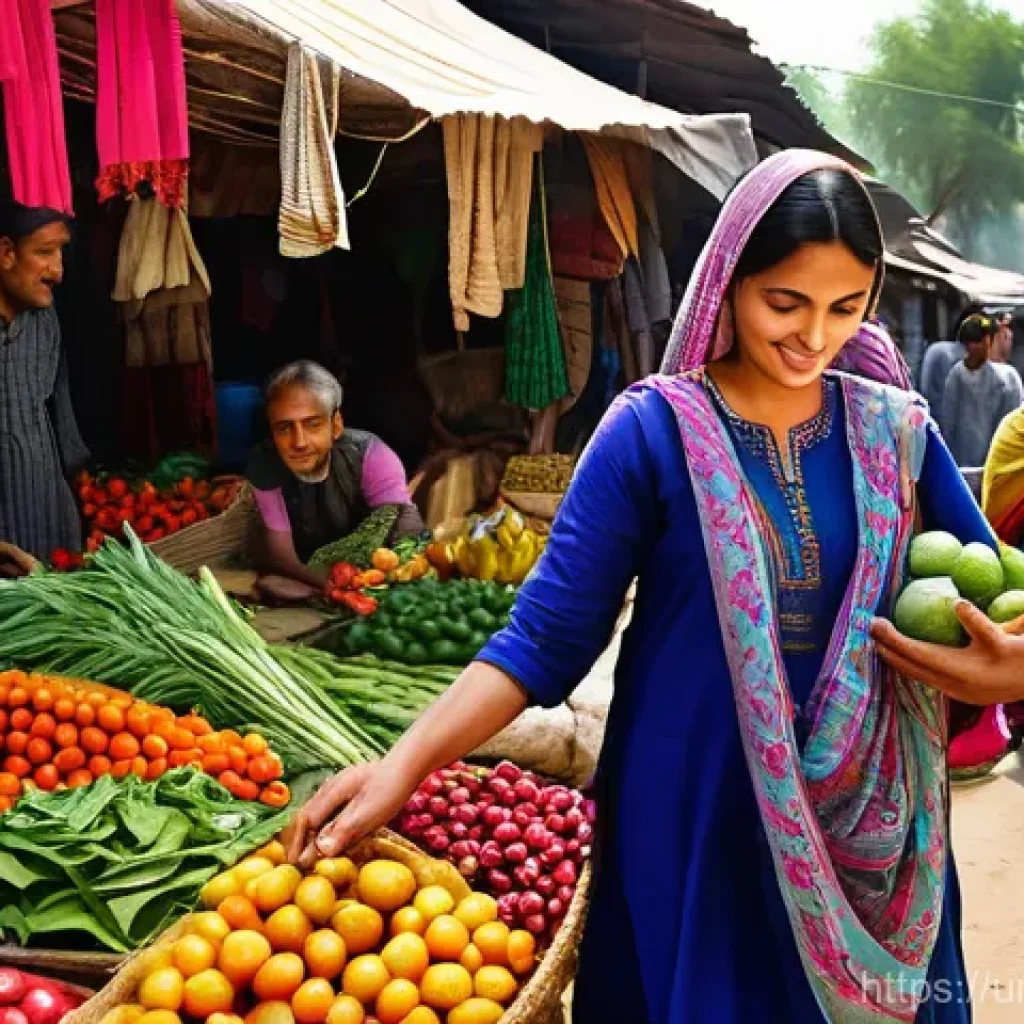 보험계리사와 환경 리스크 관리 - **Prompt:** A bustling, sun-drenched local market in a vibrant Pakistani city. In the foreground, a ...
