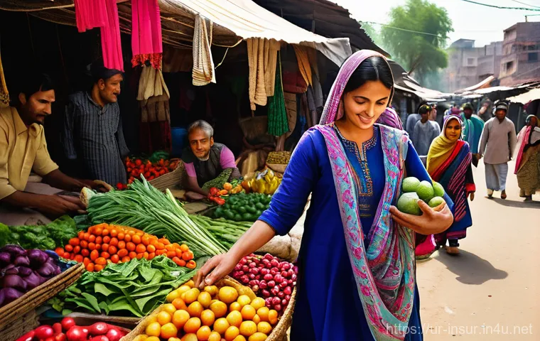 보험계리사와 환경 리스크 관리 - **Prompt:** A bustling, sun-drenched local market in a vibrant Pakistani city. In the foreground, a ...