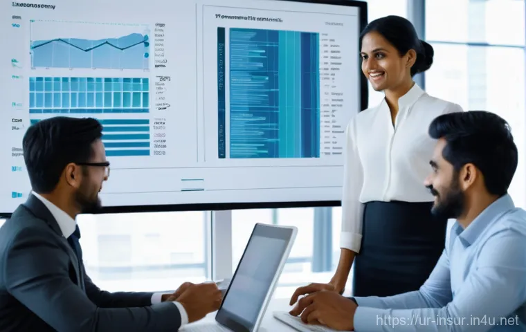 보험계리사와 신상품 개발 사례 - **Prompt:** A dynamic, wide shot of a diverse team of professional actuaries, including men and wome...