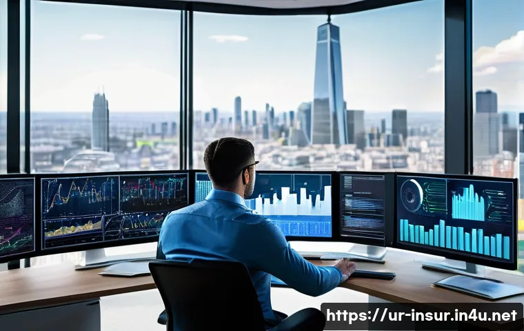 보험계리사 보험료 계산 방식 - A professional insurance actuary working in a modern office environment, surrounded by multiple larg...