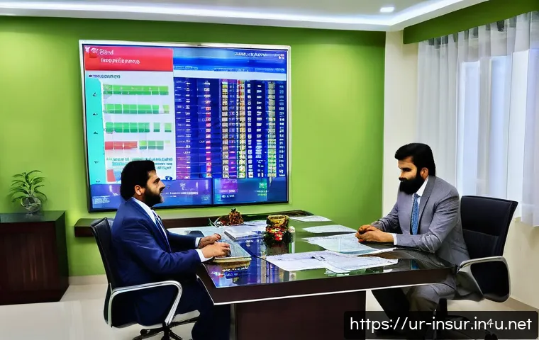 보험계리사와 보험사 경쟁력 강화 - A modern insurance company office in Karachi, Pakistan, featuring diverse professionals analyzing di...