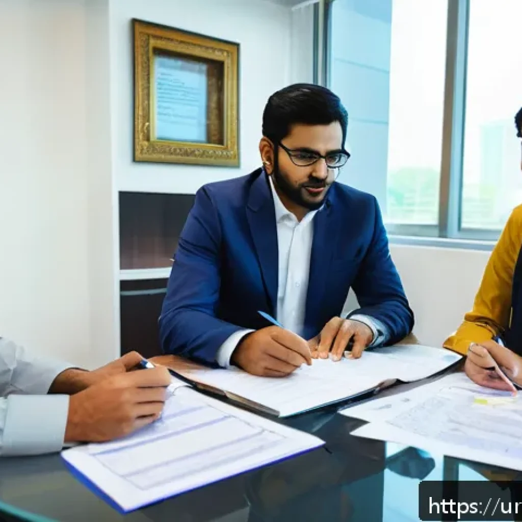 보험계리사와 고객 맞춤형 상품 - A professional financial advisor consulting with a young Urdu-speaking family in a modern office set...