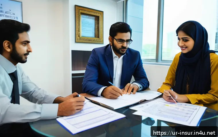 보험계리사와 고객 맞춤형 상품 - A professional financial advisor consulting with a young Urdu-speaking family in a modern office set...