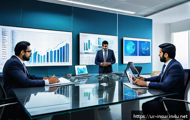 보험계리사와 시장 점유율 분석 - A professional insurance company office scene in Pakistan, featuring a diverse team of accounting ex...