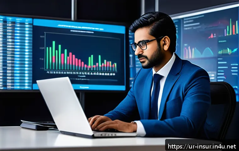 보험계리사 실무 도구 활용법 - A modern insurance actuary office scene featuring a professional South Asian man in formal business ...