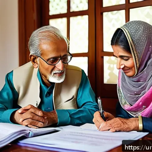 Home 17 보험계리사와 고령화 사회 - A dignified elderly South Asian couple sitting at a wooden desk in a cozy home office, reviewing fin...