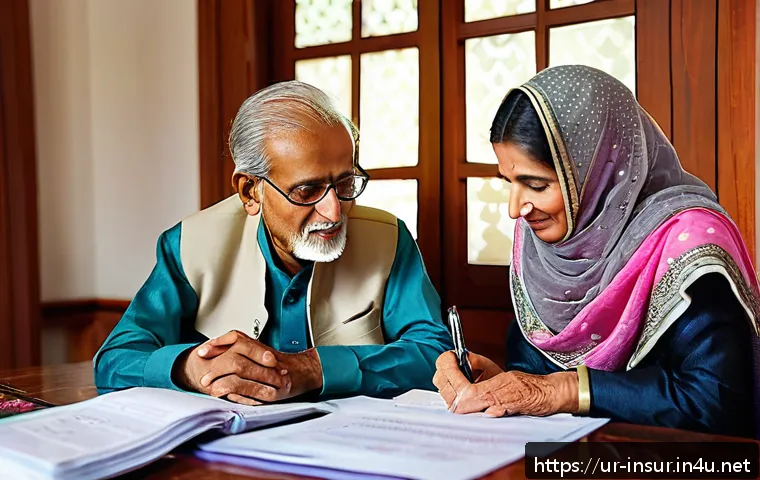 보험계리사와 고령화 사회 - A dignified elderly South Asian couple sitting at a wooden desk in a cozy home office, reviewing fin...