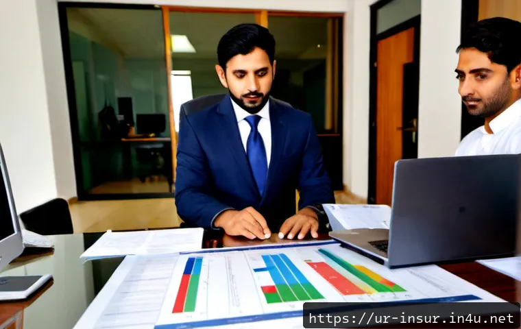 Home 17 보험계리사와 단체보험 설계 - Photorealistic Pakistani insurance actuary in modest professional attire reviewing colorful group in...