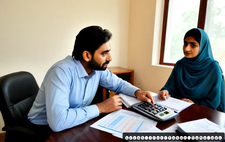 보험계리사와 보험금 지급 사례 - Photorealistic Pakistani insurance actuary in a modest modern office, reviewing claim documents and ...