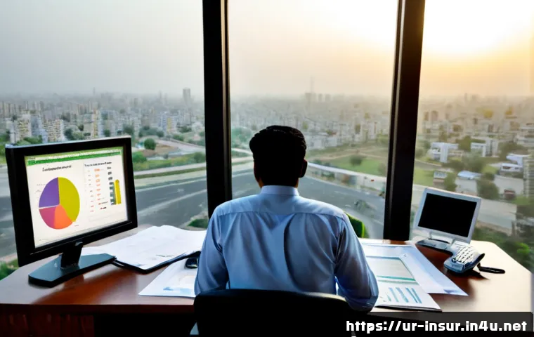 보험계리사와 보험사의 투자 전략 - Photorealistic Pakistani insurance actuary in modest professional business attire reviewing risk cha...